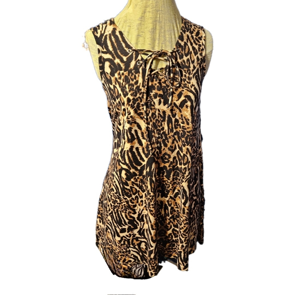 Bobbie Brooks Gold Black Tie Front Animal Print Sleeveless Mini Dress